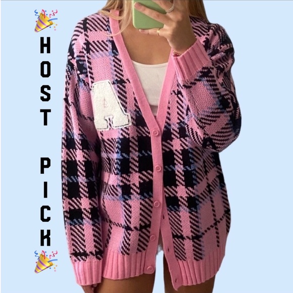 Sweaters - Pink Black Plaid Button Up V-neck Letter Sweater